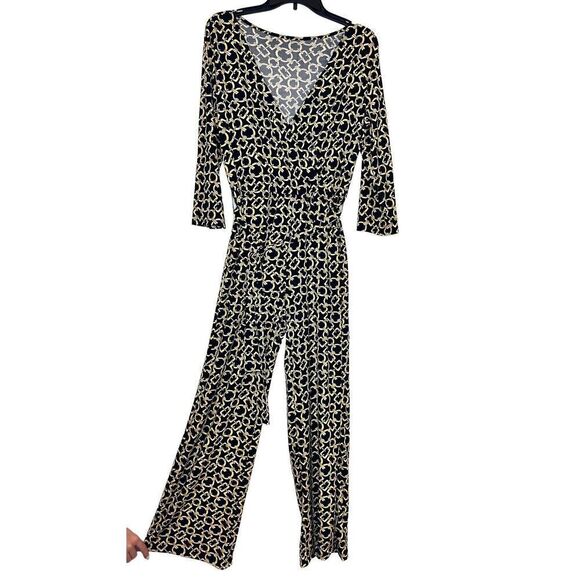 NY Collection Small 3/4 Sleeve Sash Tie Belted Wide Leg Gold Chain Black Jumpsui - Picture 2 of 5